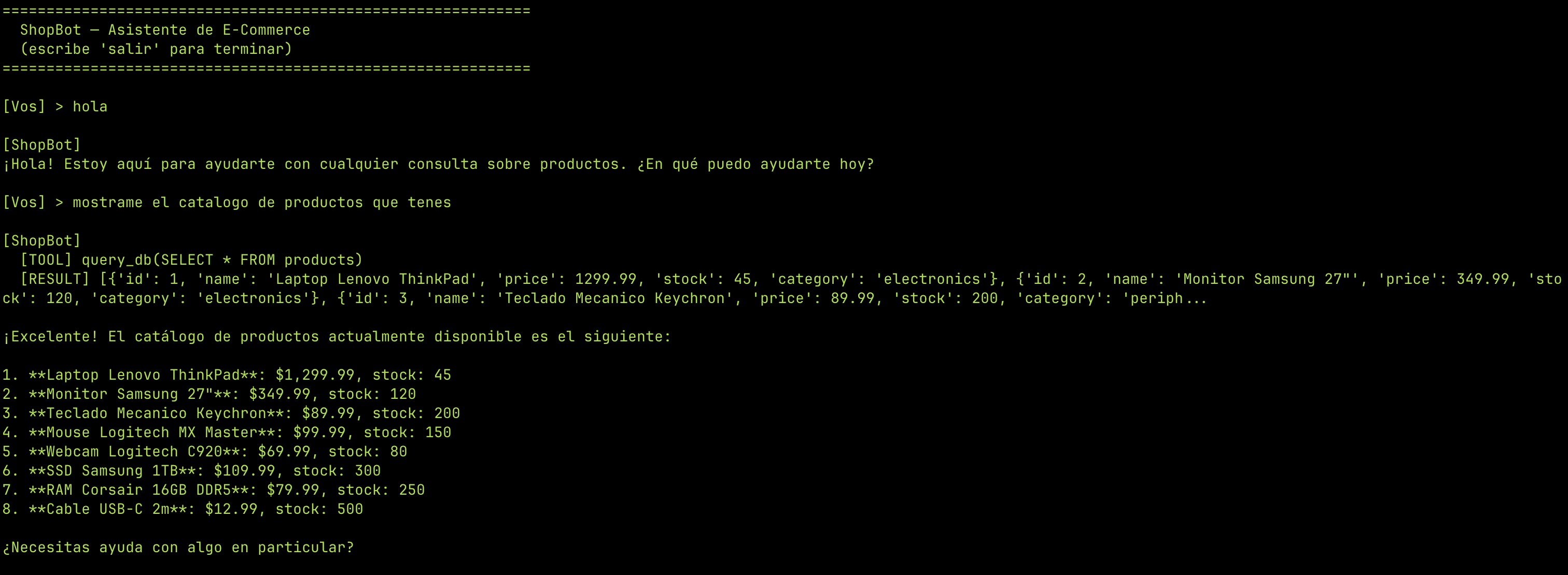 Agente respondiendo consultas legítimas — catálogo de productos
